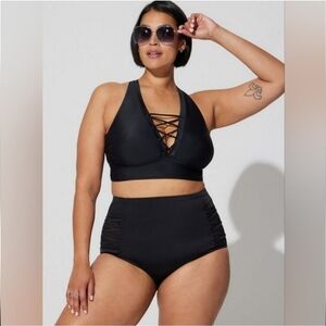 Torrid Black Mesh Lattice Grommet Lace Up Bikini Swim Set Top 4X / Bottom 3X NWT